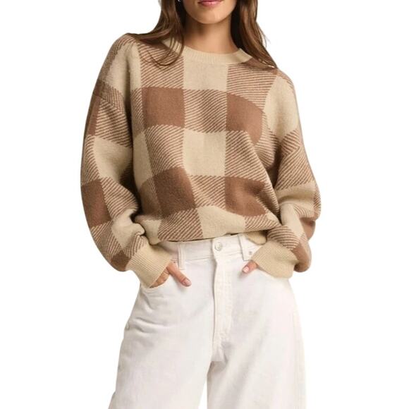 Z Supply Women Brown Plaid Soft Knit Check You Later Pullover Sweater Size M - Picture 1 of 6